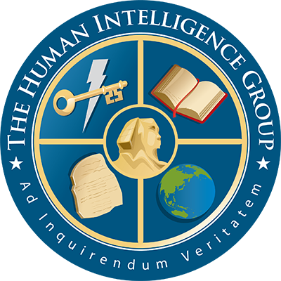 HUMINT Group Seal, a blue circle quartered by gold lines with a Sphinx, Globe, Rosetta Stone, Book, and Lightning-Key. Motto: Ad Inquirendum Veritatem.